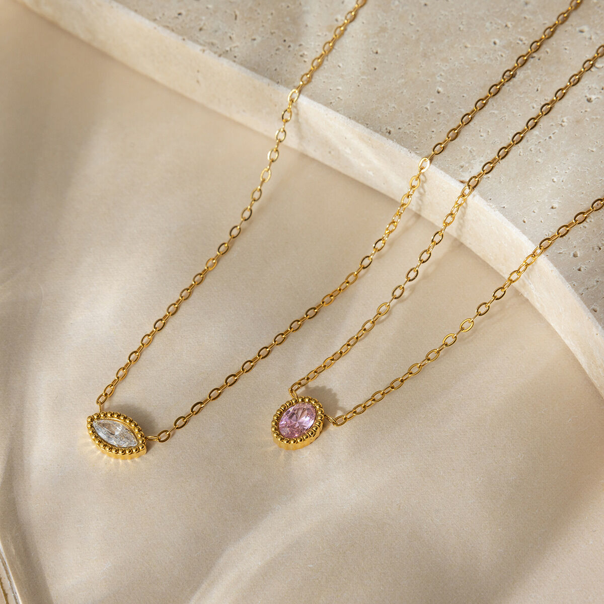 Shimmering Oval Stainless Steel Waterproof&Anti-tarnish Gold Color Zircon Women's Pendant Necklaces Picture3