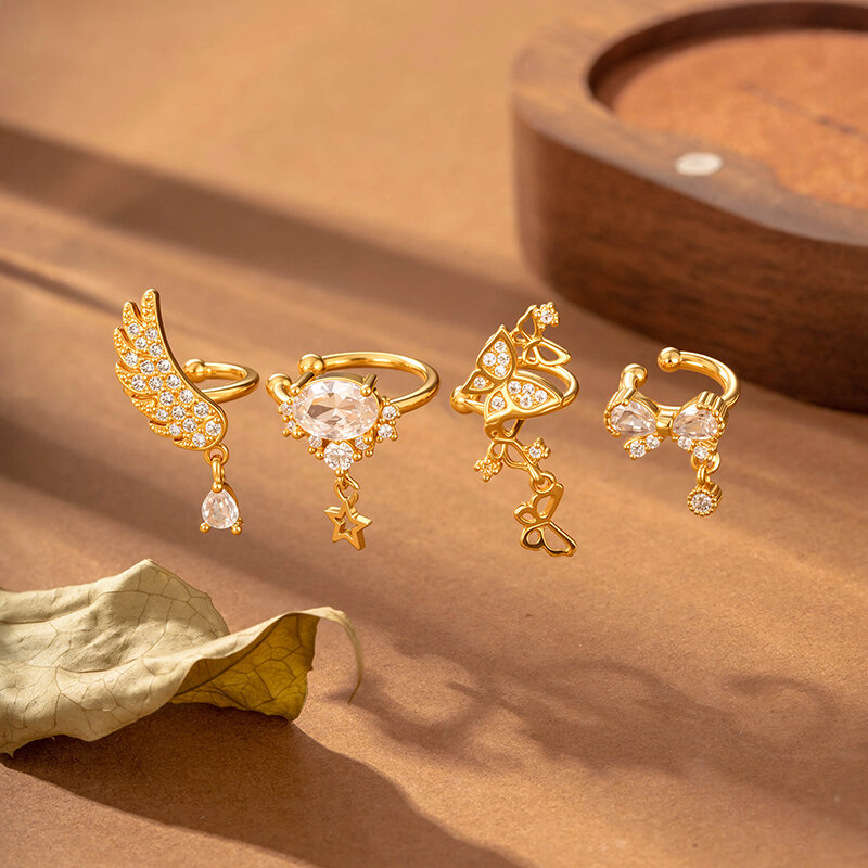 Delicate Butterfly Feather Copper Gold Color Zircon Women's Clip-On Earrings Picture5