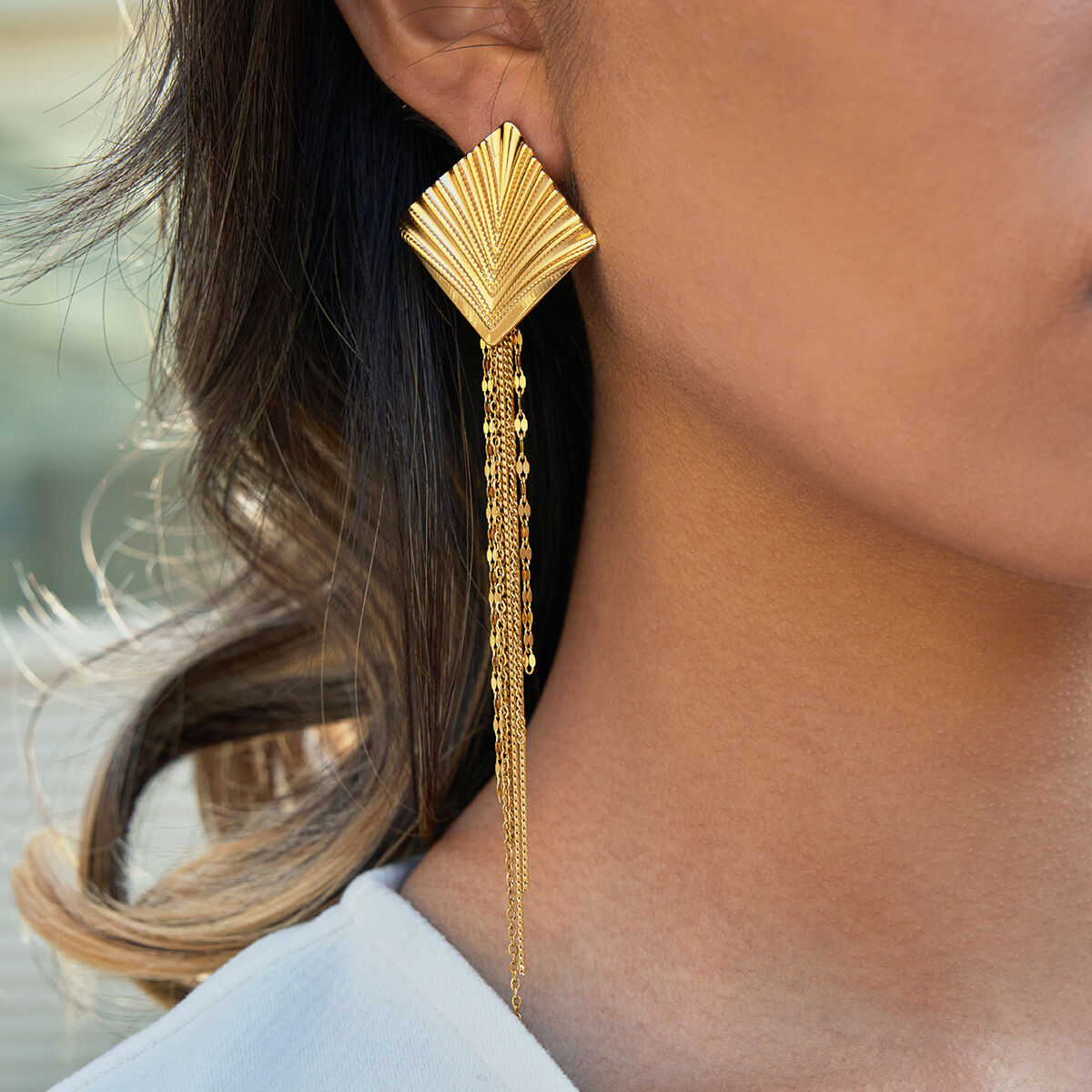 Exquisite Tassel Rectangle Stainless Steel Waterproof Gold Color Women's Dangle Earrings 2