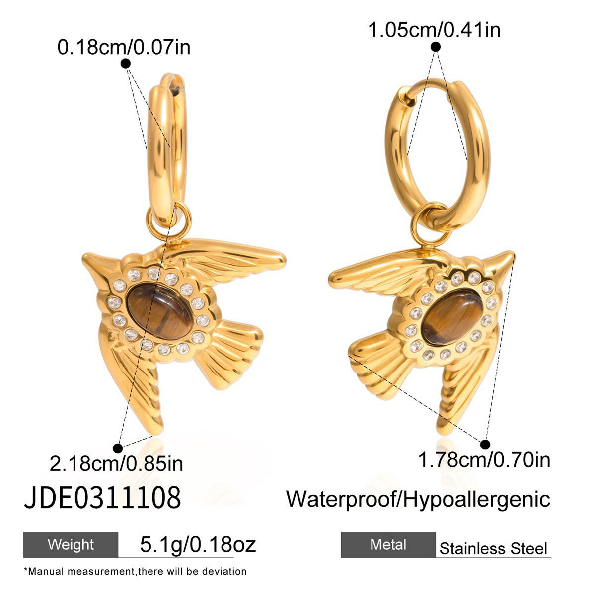 Delicate Bird Natural Stone Stainless Steel Waterproof Gold Color Women's Jewelry Sets h5 Picture2