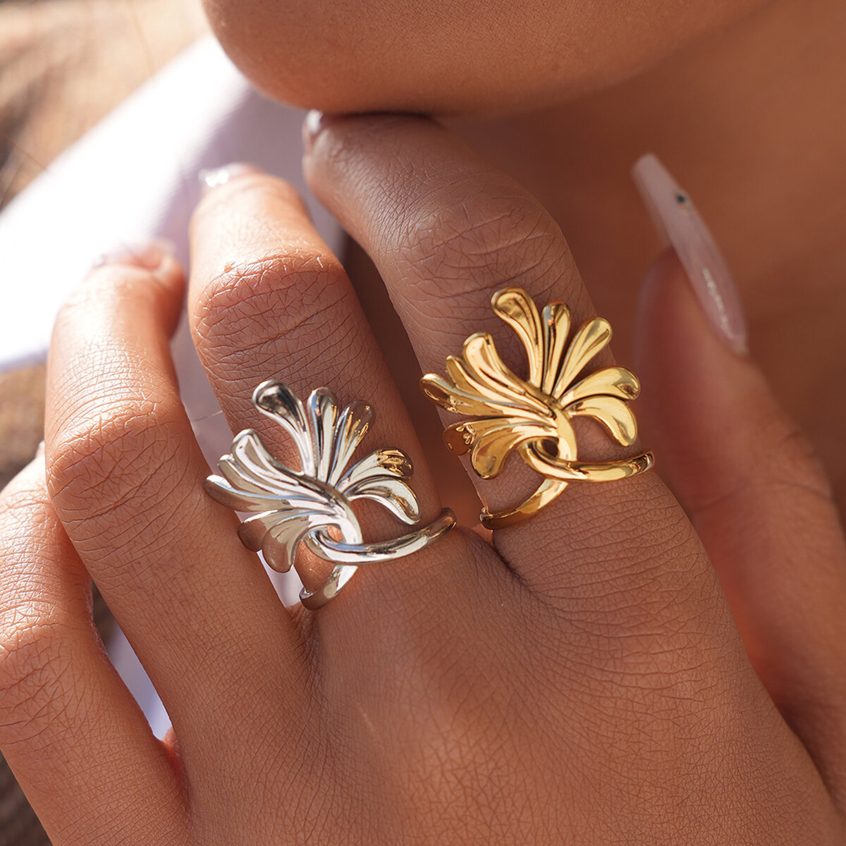 Daily Flower Stainless Steel  Waterproof  Fade - resistant  Gold Color  Statement Rings h5 Picture3