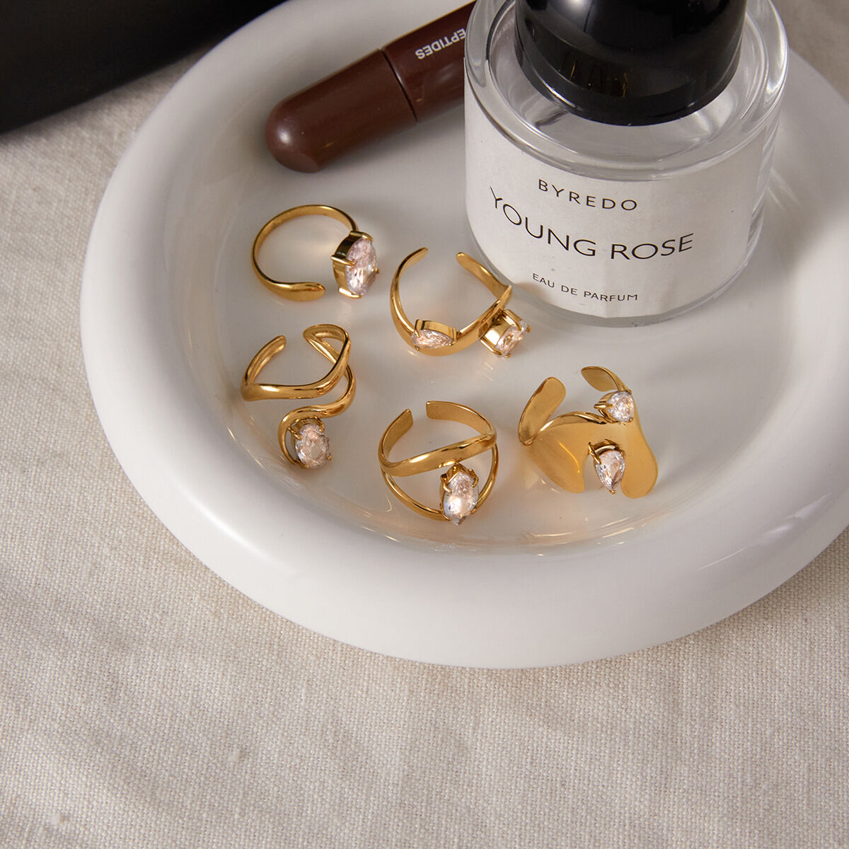 Asymmetrical Stainless Steel Waterproof&Anti-tarnish Gold Color Zircon Women's Gemstone Rings Picture5