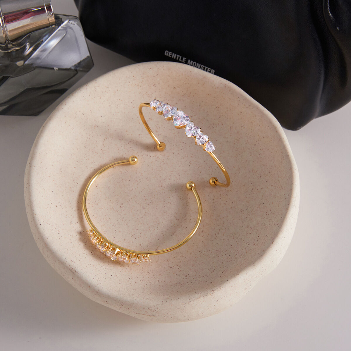 Crafted Circular Zircon Stainless Steel Waterproof Gold Color Women's Cuff Bracelets h5 Picture6
