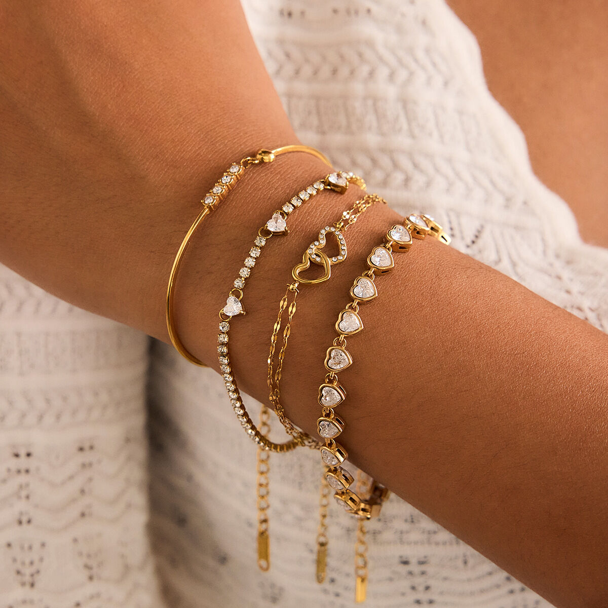 Pulseras de cadena de acero inoxidable con doble corazón, resistentes al agua y al deslustre, color dorado, para mujer. 2