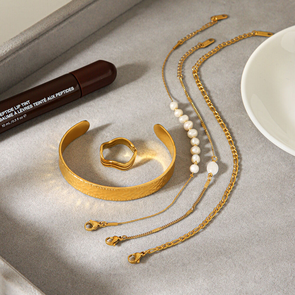 Pearl Beads & Chain Stainless Steel Waterproof Gold Color Bracelet Picture3