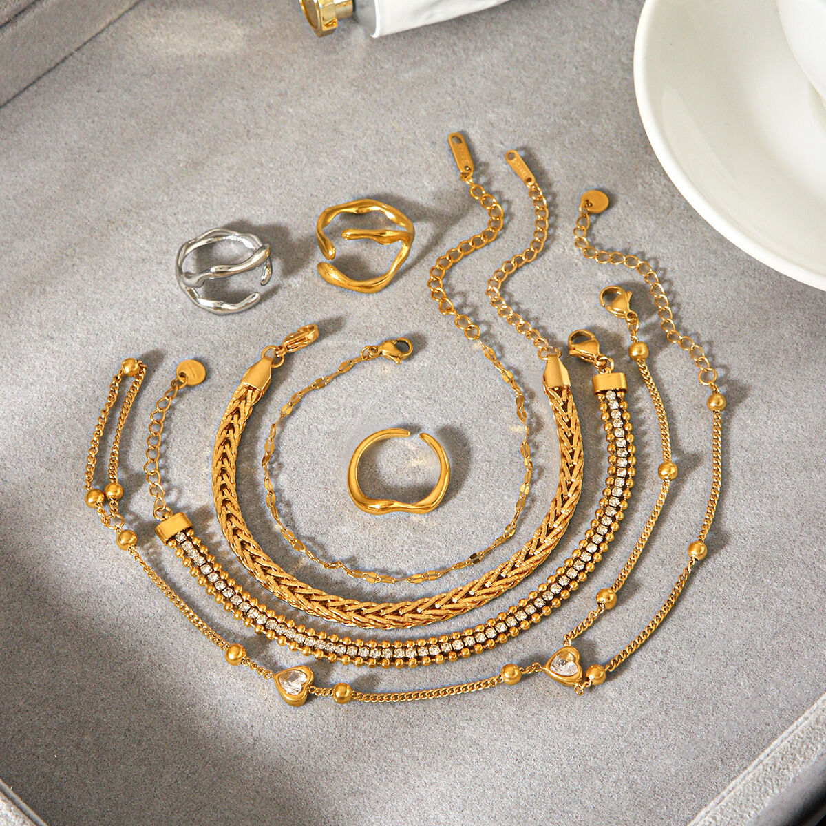 Chain Stainless Steel Waterproof Gold Color Natural Stone Zircon Bracelet Set 2