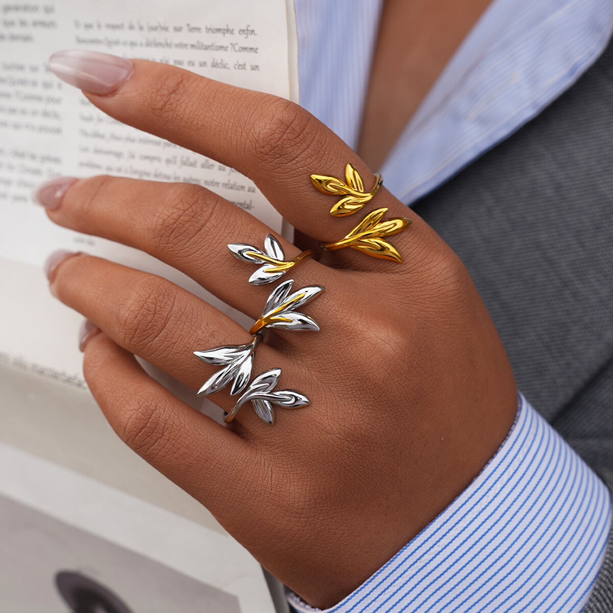 Anillos llamativos de oro de 18 quilates con forma irregular para mujer, de acero inoxidable, resistentes al agua