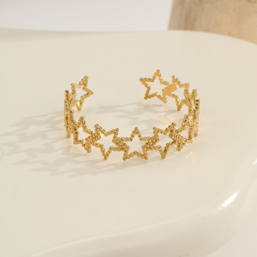 Luxurious Star Hollowed-out Stainless Steel Waterproof Anti - Tarnish Gold Color Women's Cuff Bracelets h5Picture3