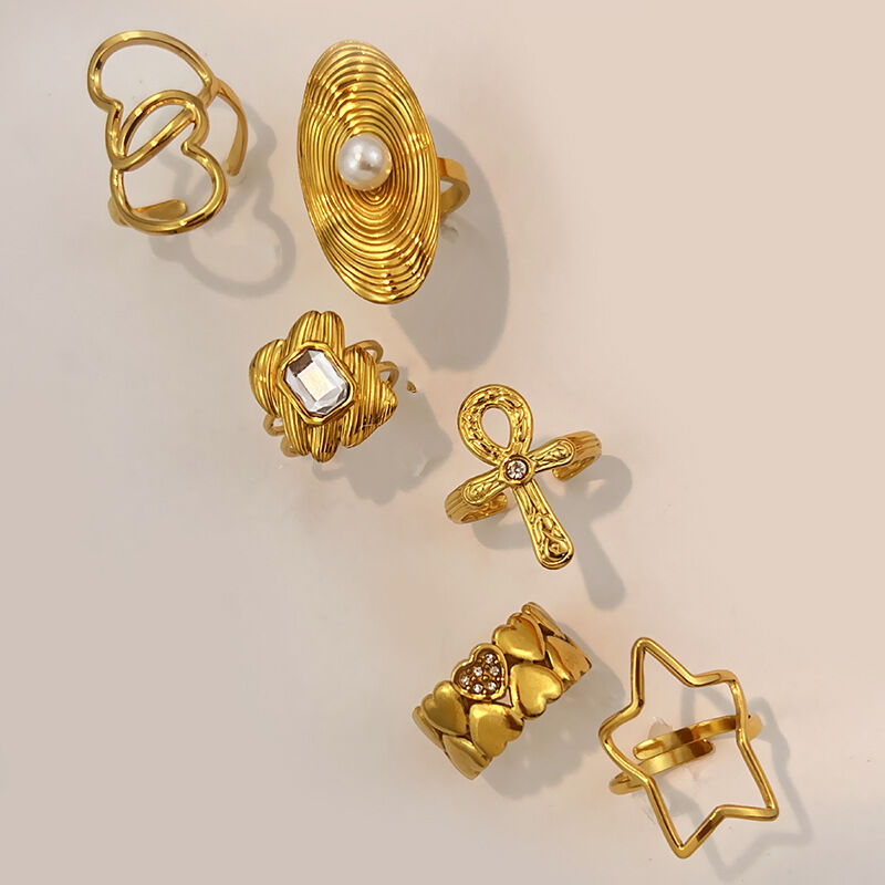 1 Piece Cross & Heart Stainless Steel Waterproof Gold Color Zircon Statement Ring