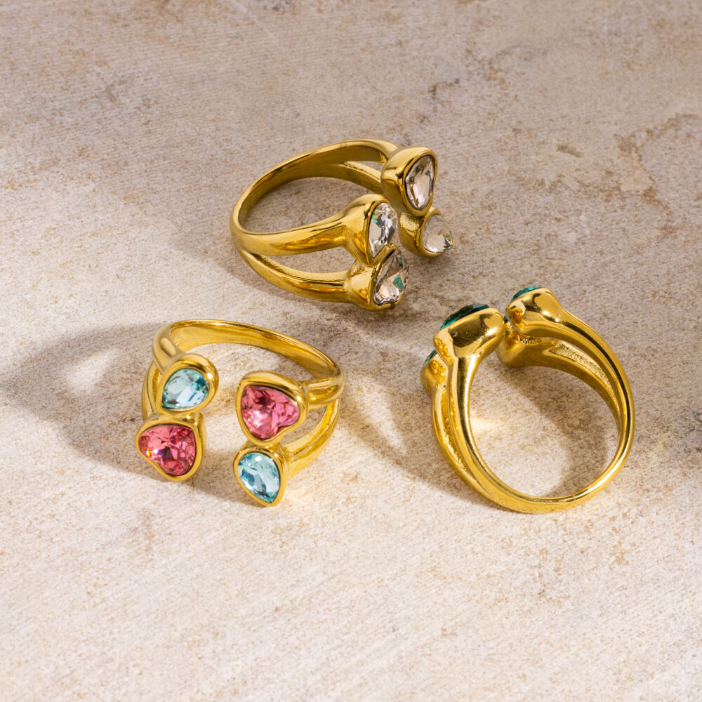 Luxurious Droplet&Heart Zircon Stainless Steel Waterproof&Anti-tarnish Gold Color Women's Gemstone Rings Picture3