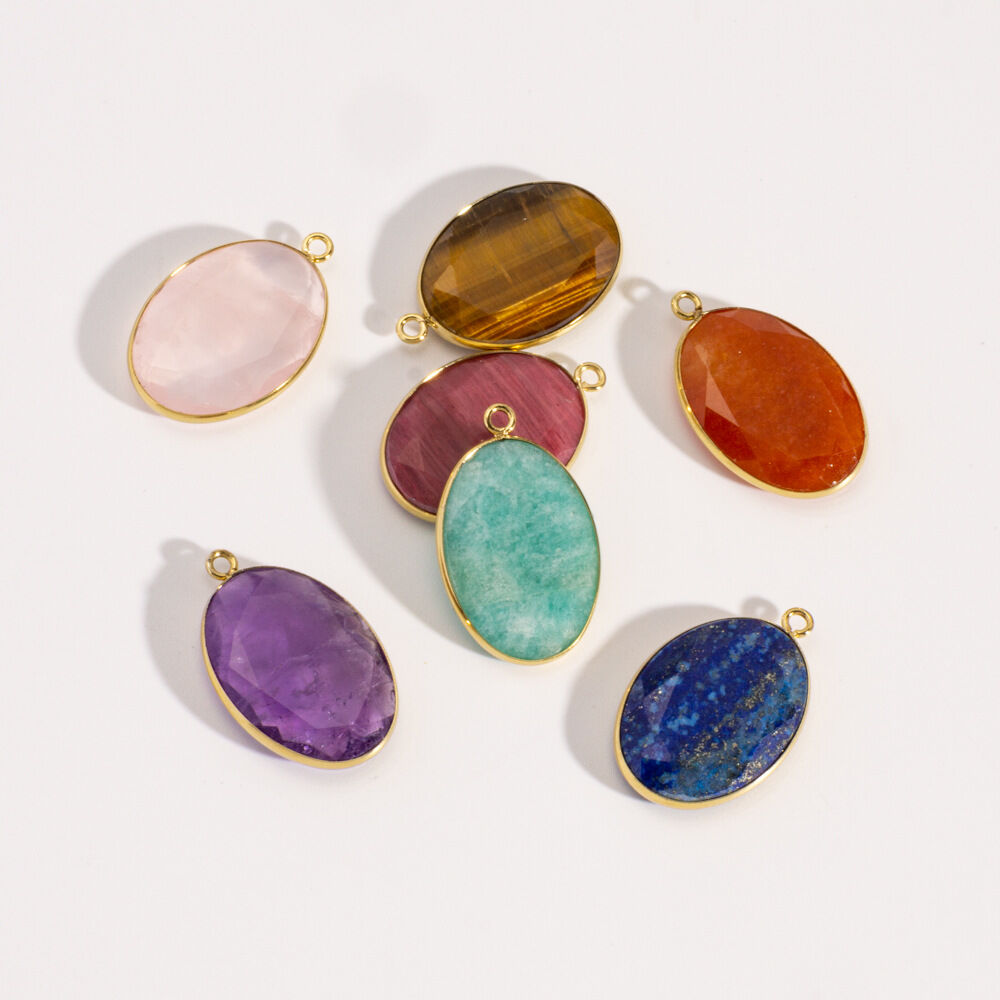 Faceted Oval Natural Stone Stainless Steel Waterproof&Anti-tarnish Gold Color Women's Pendants h5Picture2
