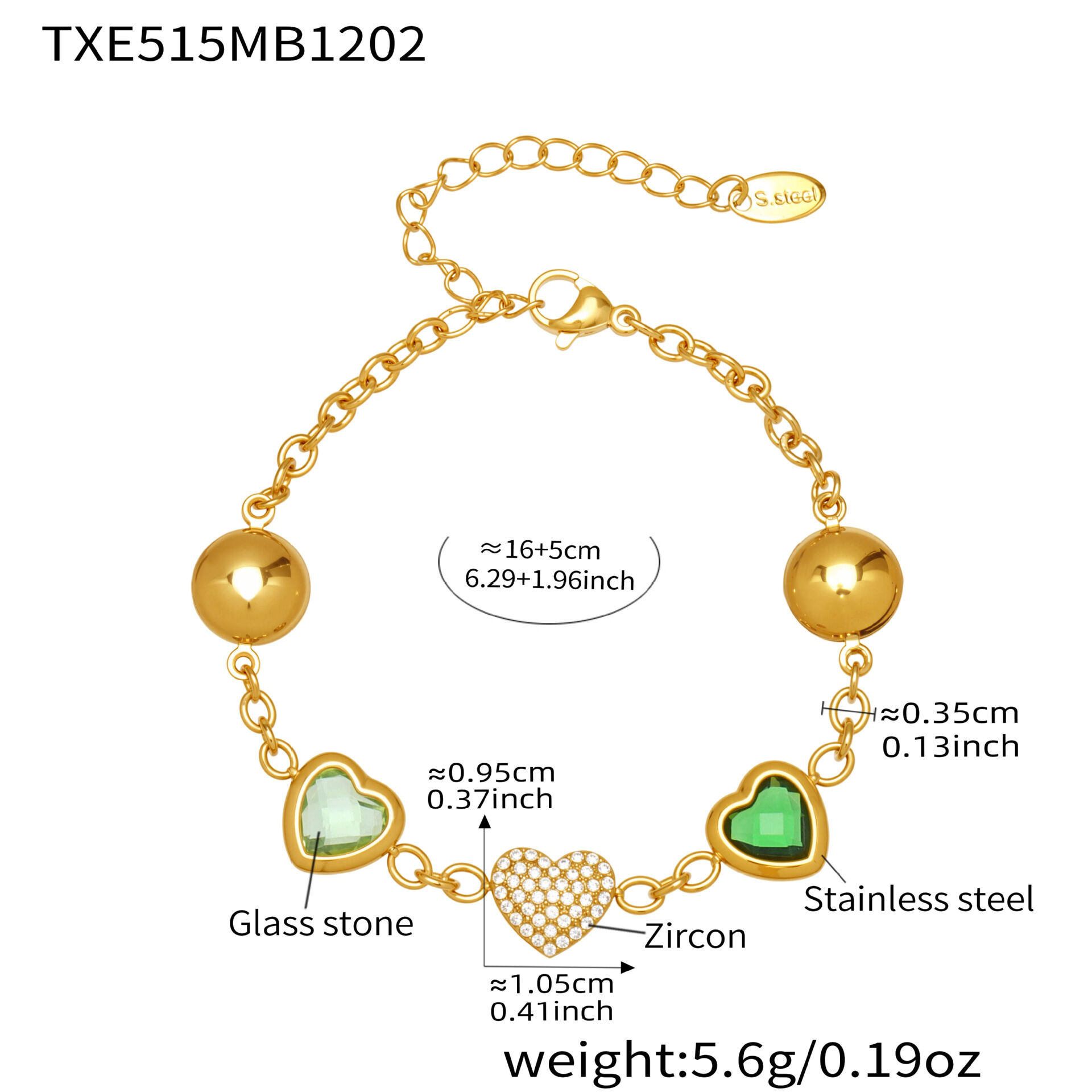 Txe515 - Green Glass Stone Gold Bracelet 16+5Cm Picture12