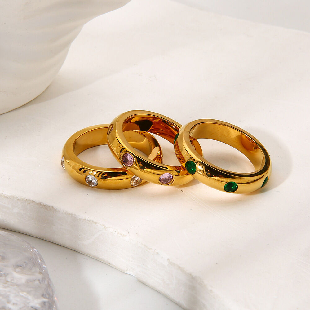 Colorful Circle Stainless Steel Waterproof  Anti - Tarnish Gold Color Zircon Statement Rings 2