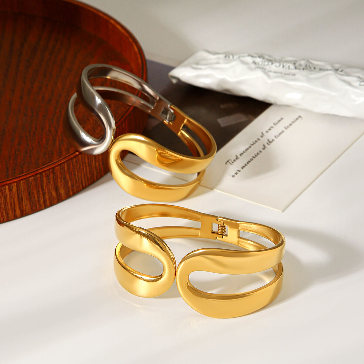 Simple Series Daily Hollowed-out Lines Stainless Steel Waterproof Gold Color Women's Bangles h5 Picture5