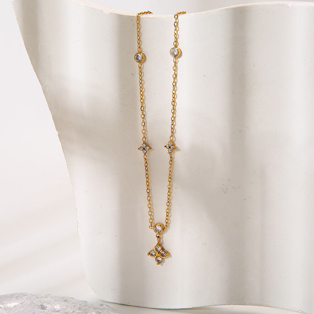 Delicate Clover Stainless Steel Waterproof  Anti - Tarnish Gold Color Zircon Women's Pendant Necklaces 2