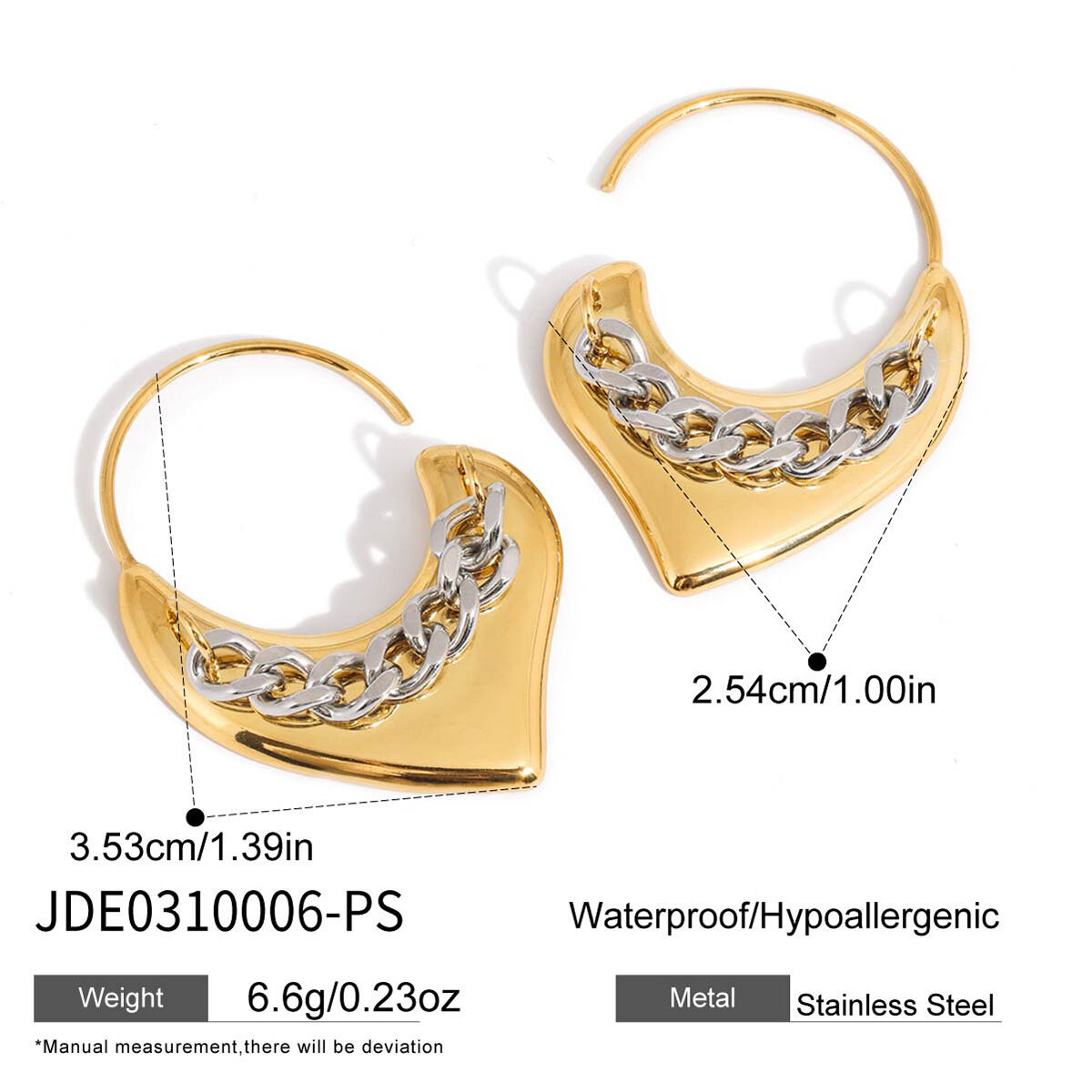 1 Pair Simple Gold Heart & Silver Chain Colors Stainless Steel Waterproof Women's Hoop Earrings h5 Picture2