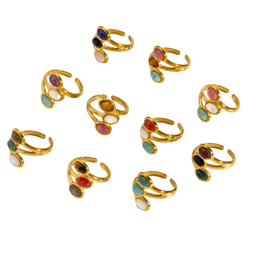 Elegant Three Oval Natural Stone Stainless Steel Waterproof&Anti-tarnish Gold Color Women's Gemstone Rings Picture4