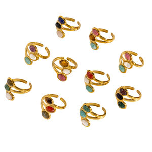 Elegant Three Oval Natural Stone Stainless Steel Waterproof&Anti-tarnish Gold Color Women's Gemstone Rings h5 Picture4