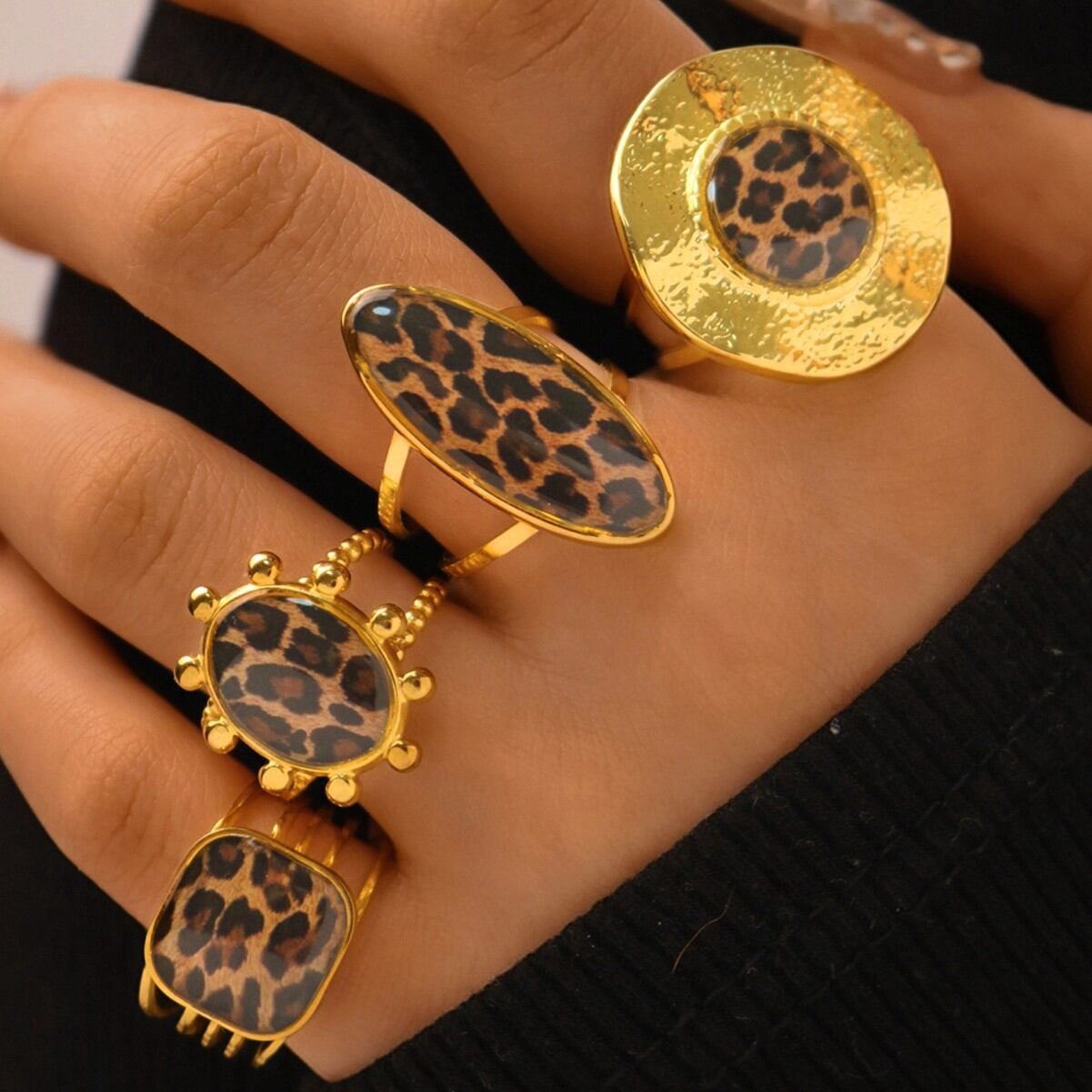 1 stuk modieuze statement ring met luipaardprint, gemaakt van roestvrij staal, waterdicht en goudkleurig. Afbeelding4