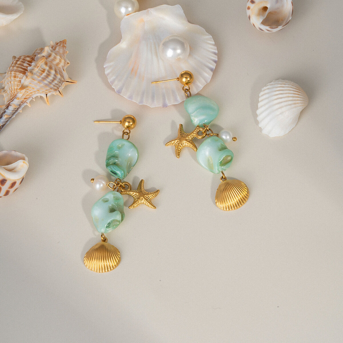 Vacation Shell Starfish Stainless Steel Waterproof Pearl Women's Beads Earrings Picture4
