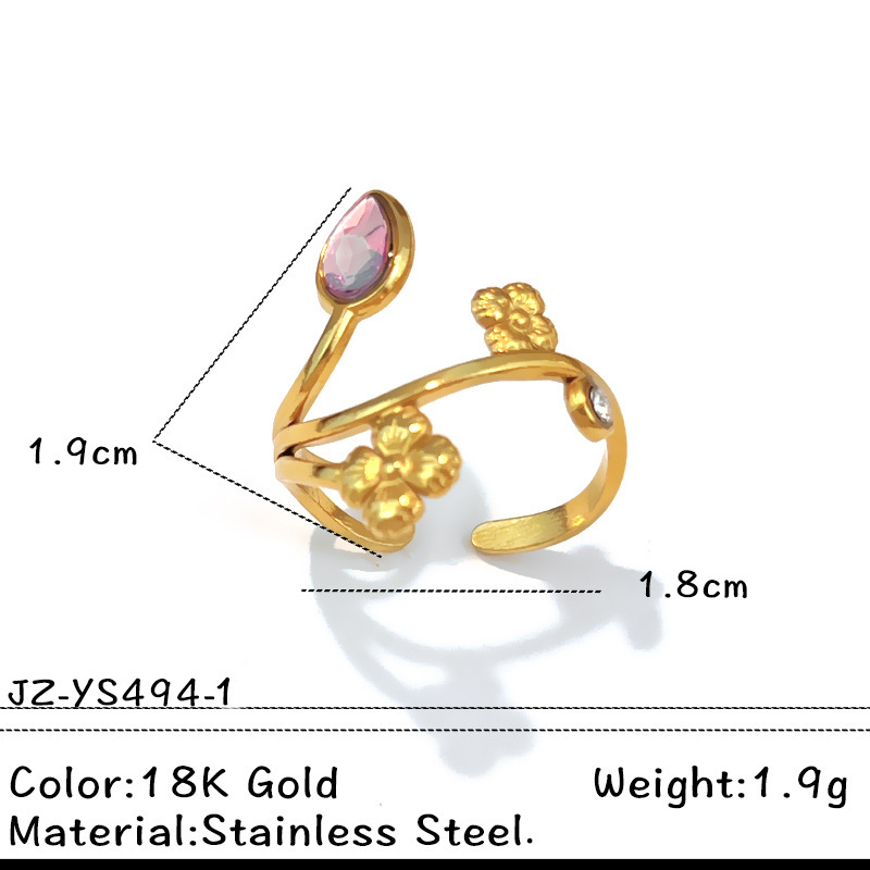 1 Piece Stainless Steel Waterproof Gold Color Zircon Gemstone Ring h5Picture2