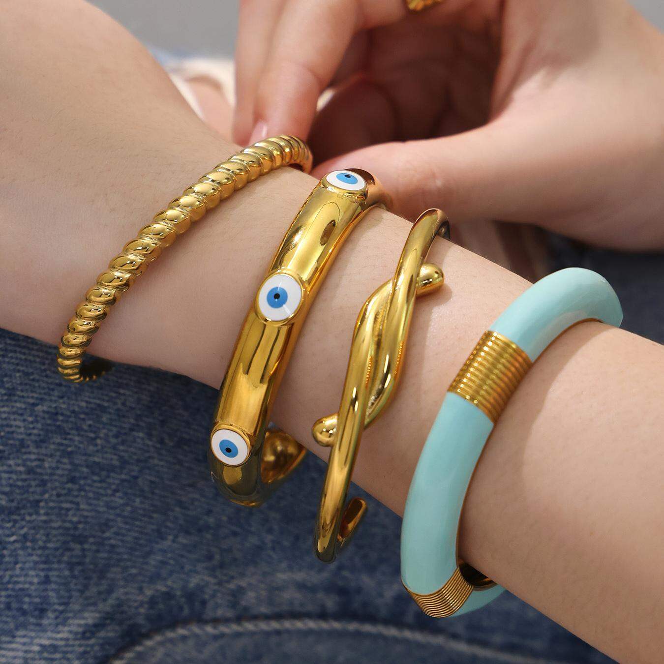 Devil's Eye Enamel Oil Drip Stainless Steel Waterproof Anti - Tarnish Gold Color Women's Cuff Bracelets