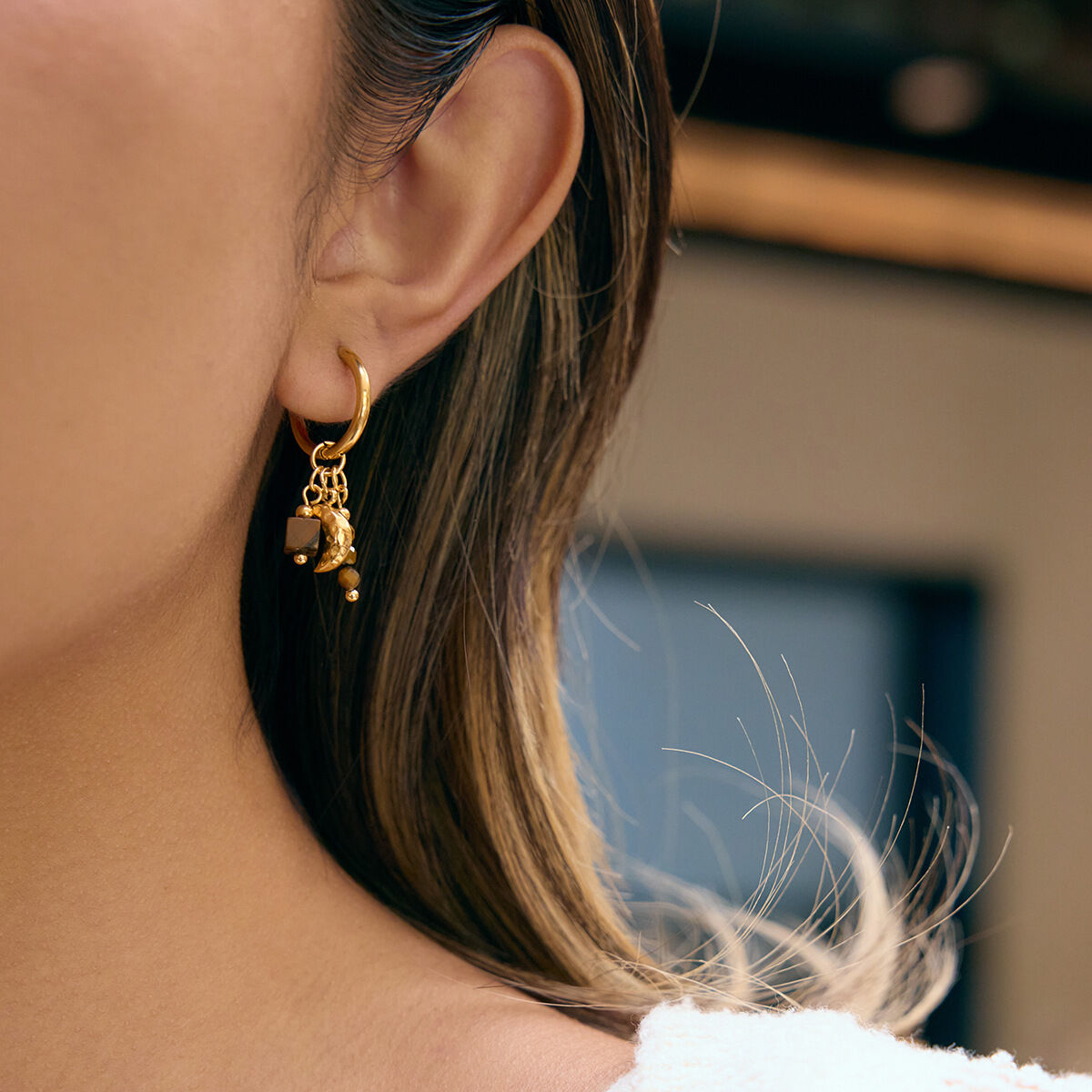 1 Pair Classic Star&Moon Stainless Steel Waterproof Gold Color Natural Stone Women's Drop Earrings h5 Picture5