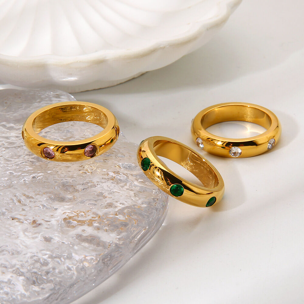 Colorful Circle Stainless Steel Waterproof  Anti - Tarnish Gold Color Zircon Statement Rings