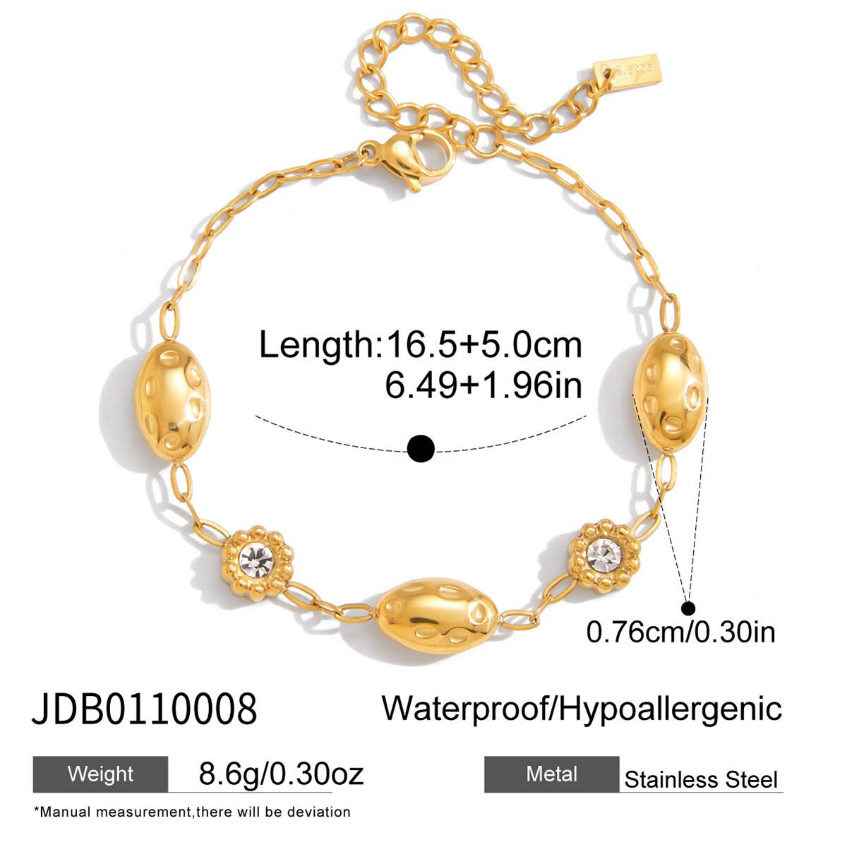 Hammered Texture Oval Stainless Steel Waterproof&Anti-tarnish Gold Color Women's Charm Bracelets Picture2