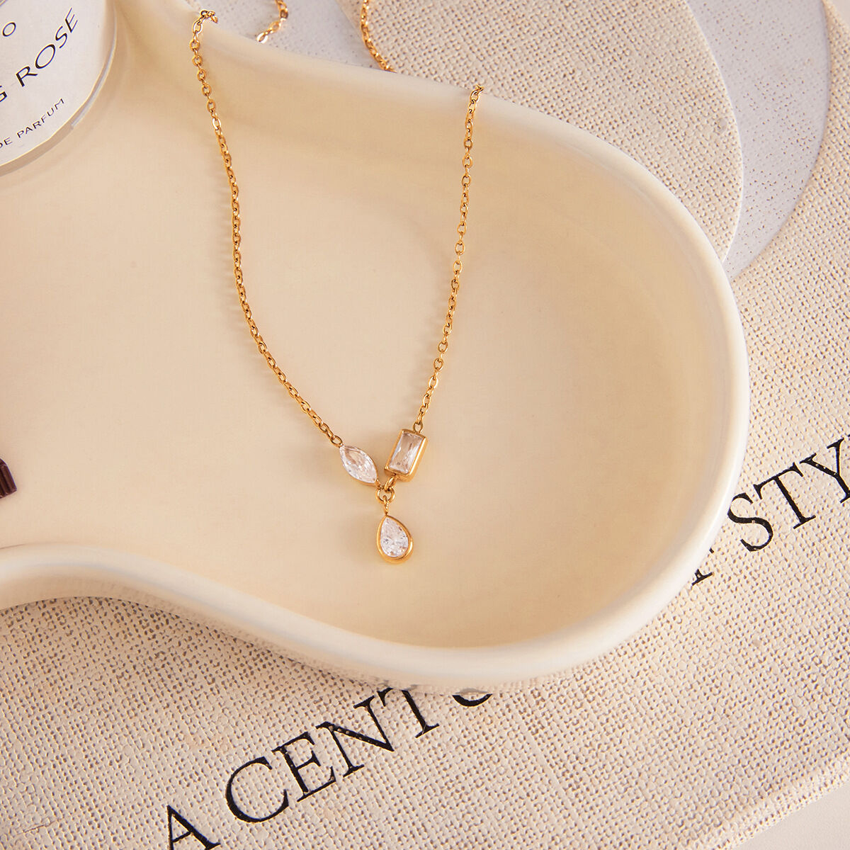 Crafted Droplet Stainless Steel Waterproof Gold Color Zircon Women's Pendant Necklaces h5 Picture5