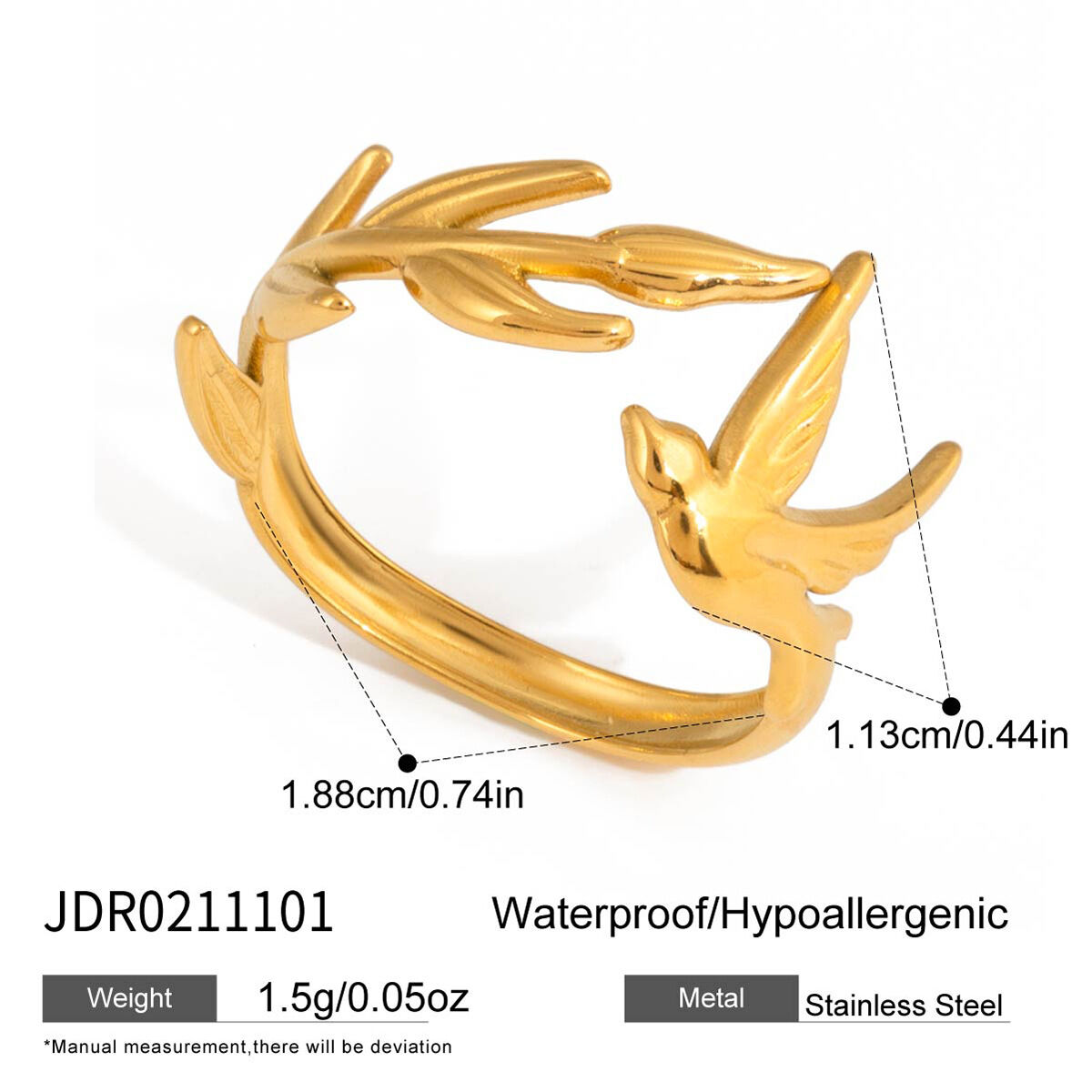 1 Stück handgefertigter Statement-Ring aus Edelstahl in Vogelform, wasserdicht, goldfarben h5 Bild2