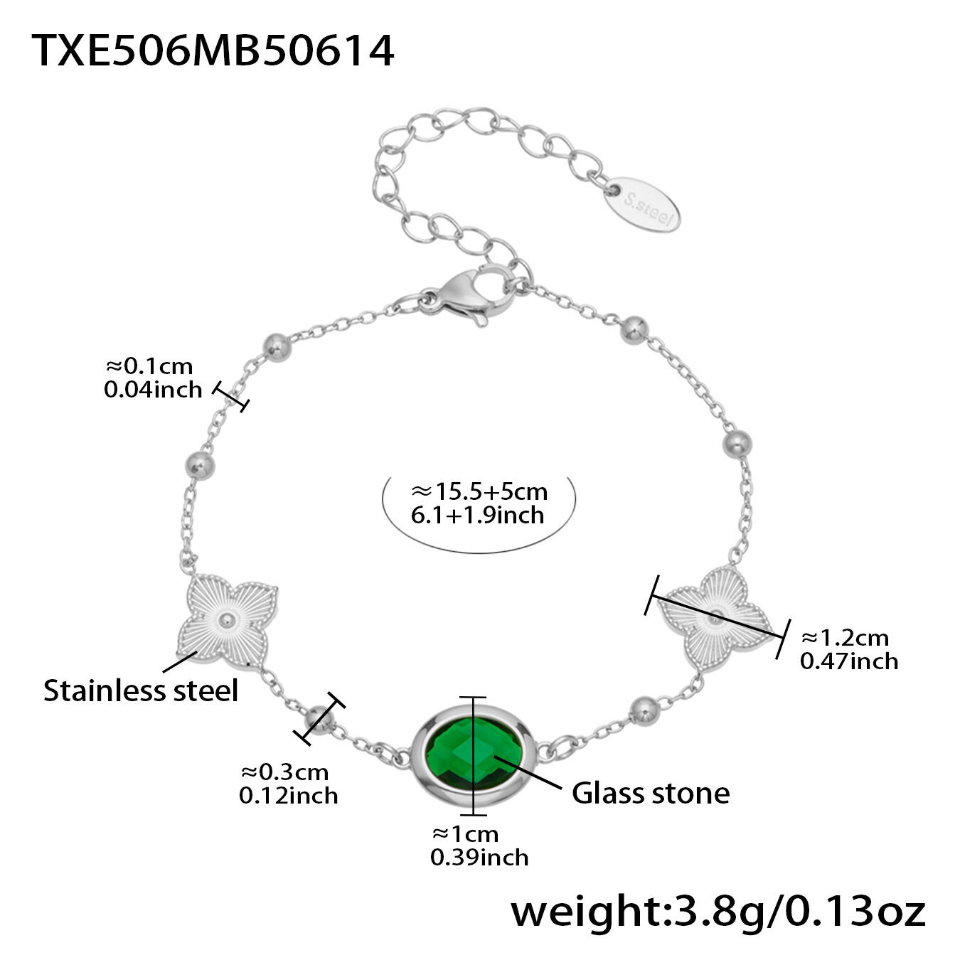 Txe506 - Green Faceted Stone Steel Bracelet, 15+5Cm Picture17