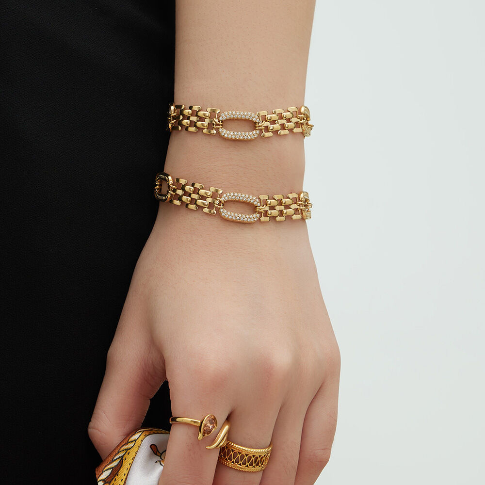 Moderne ovale schakelarmband van roestvrij staal, waterdicht, anti-aanslag, goudkleurig met zirkonia, voor dames. h5Afbeelding5