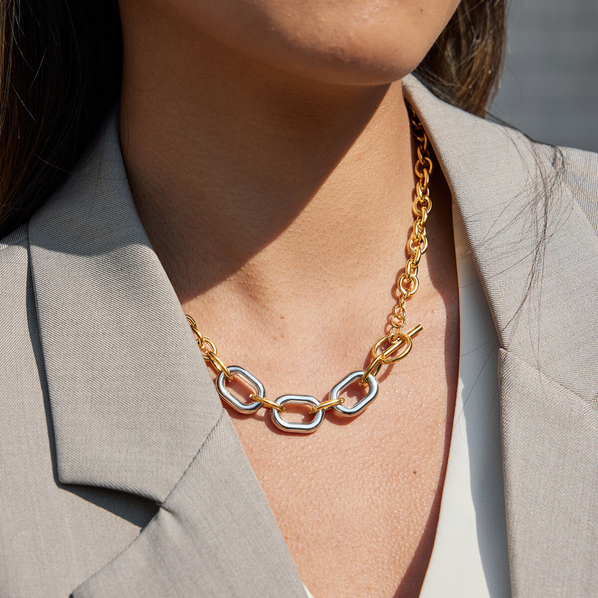 1 stuk vierkante, afgeronde vierkante ketting van roestvrij staal met gemengde goud- en zilverkleuren, waterdicht, voor dames