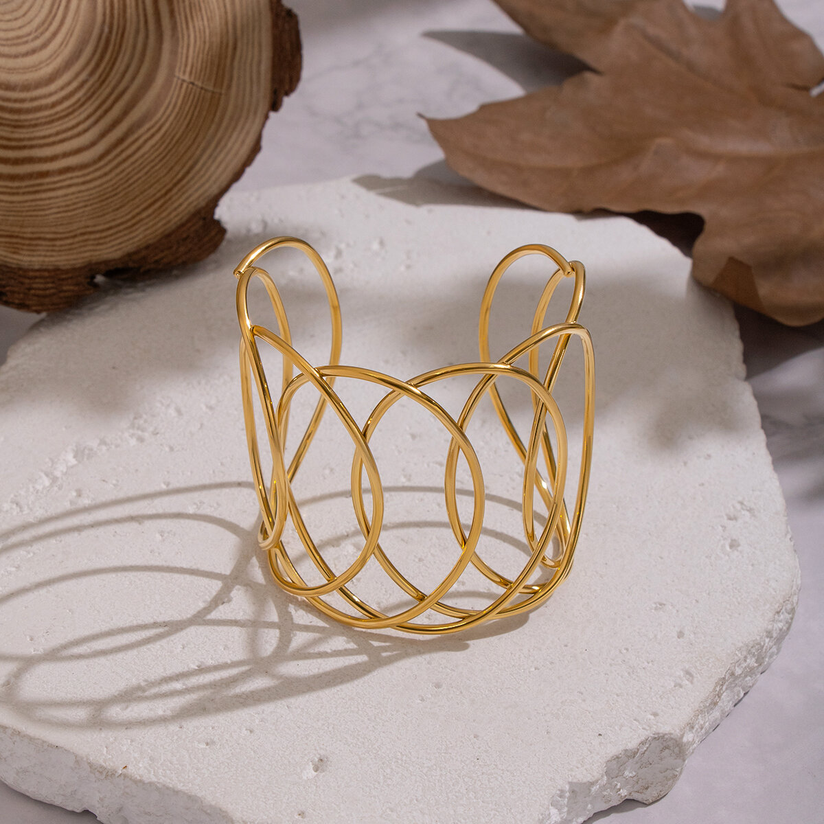 1 Piece Circle Woven Stainless Steel Waterproof Gold Color Cuff Bracelet