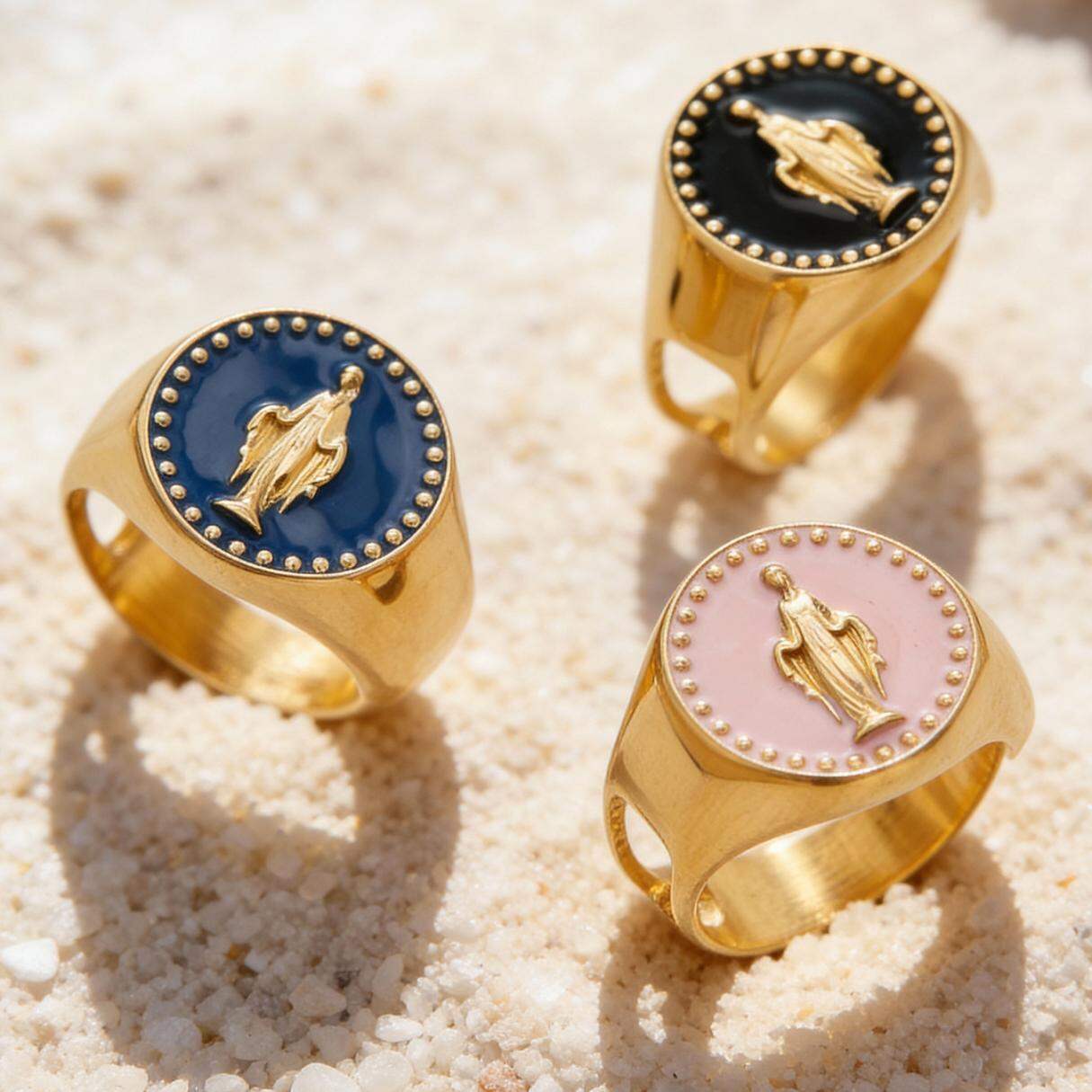 Elegant the Madonna Stainless Steel Gold Color Waterproof Anti - Tarnish Signet Rings