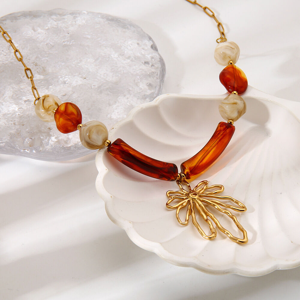 Vintage Flower Irregular Shape Stainless Steel Waterproof  Anti - Tarnish Gold Color Women's Pendant Necklaces 2
