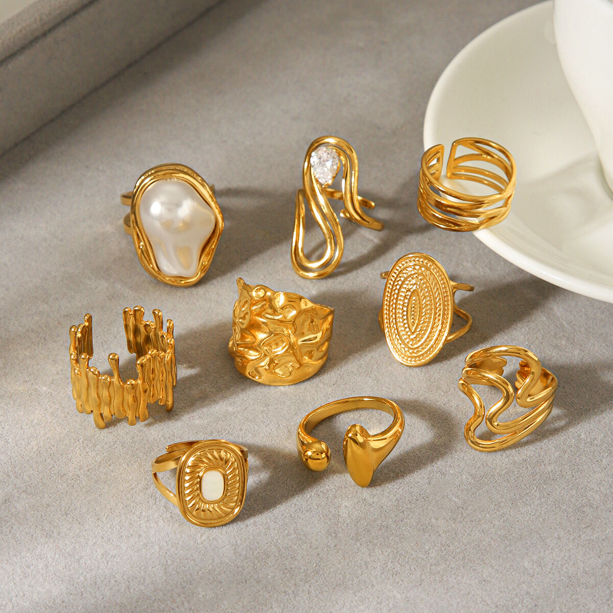 Irregular Shape Stainless Steel Waterproof  Gold Color Zircon Statement Ring 2
