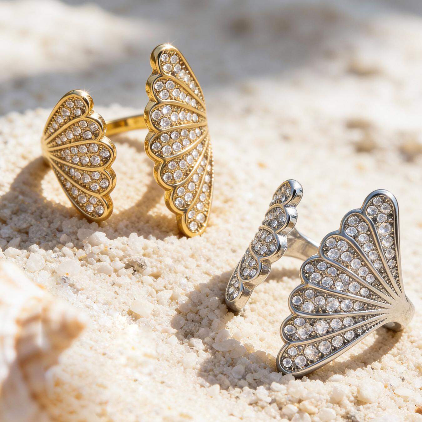 Ornate Shell Stainless Steel Waterproof Anti - Tarnish Gold Color Zircon Women's Gemstone Rings Picture3