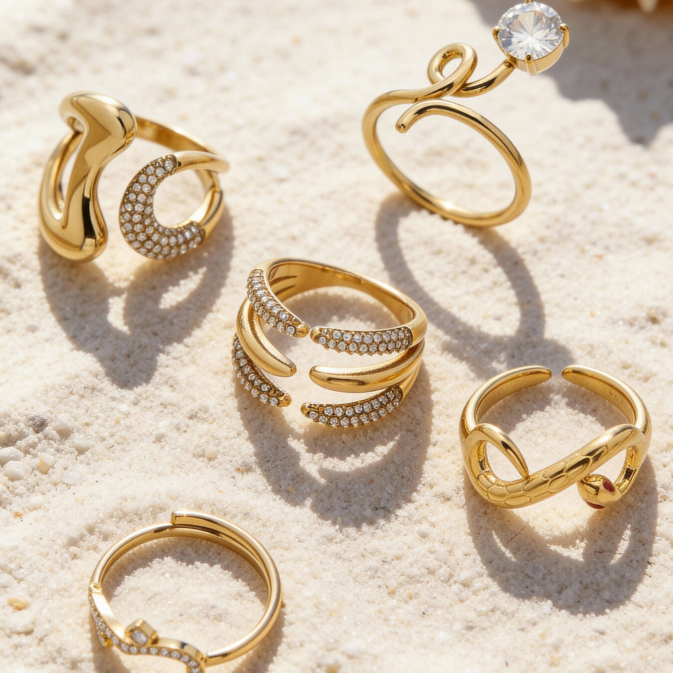 Anillos de piedras preciosas para mujer con líneas irregulares, acero inoxidable, color dorado, circonitas, resistentes al agua y al deslustre.