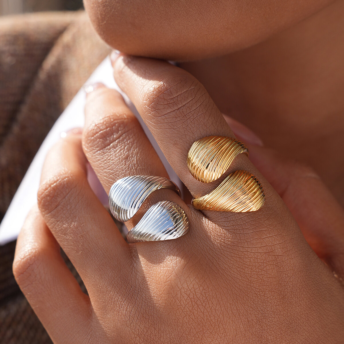 Simple Line Daily Irregular Shape Stainless Steel Waterproof   Gold Color  Statement Rings