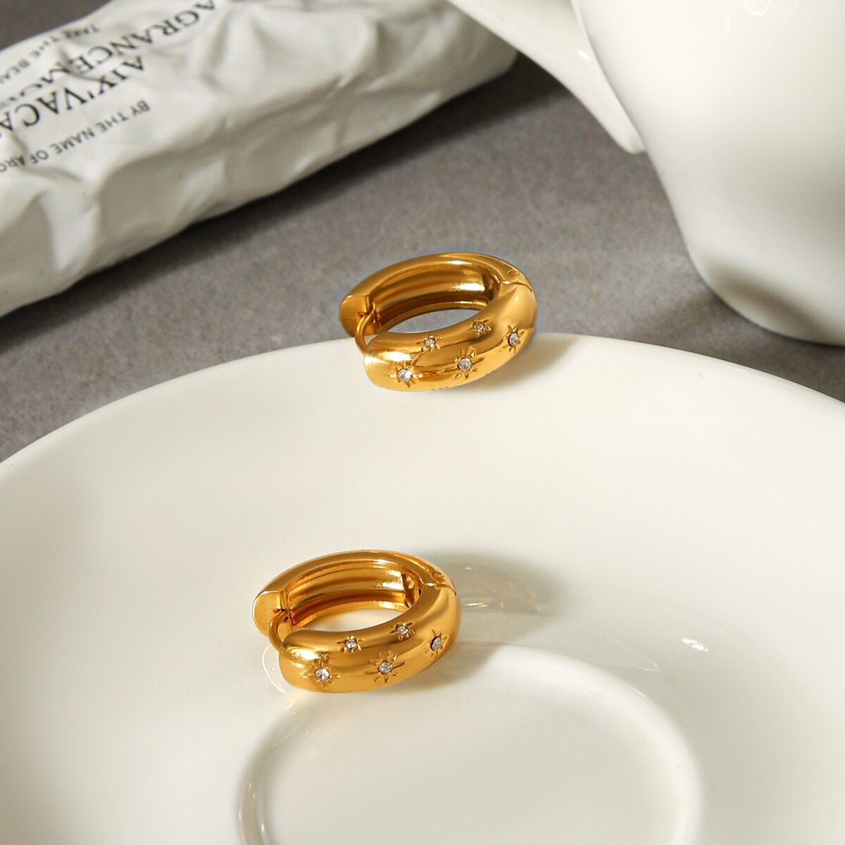 Circle Stainless Steel Waterproof Gold Color Zircon Hoop Earrings 2