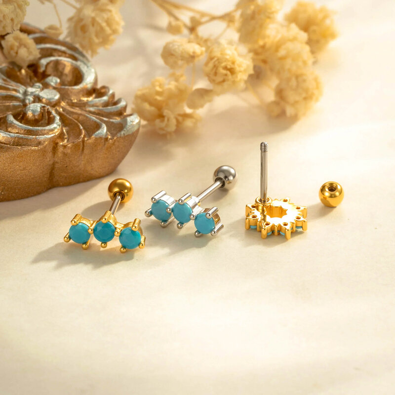 Flower Copper Gold Color Blue Artificial Gemstone Women's Piercing Earrings Picture4