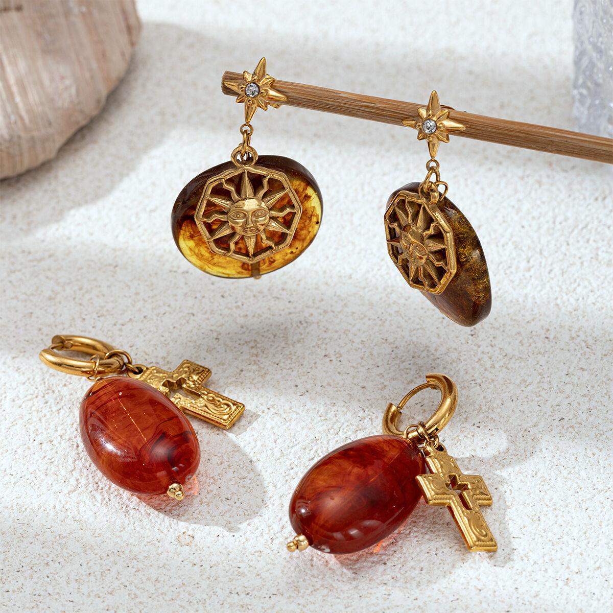 1 Pair Opulent Sun Stainless Steel Waterproof Gold Color Women's Drop Earrings Picture3