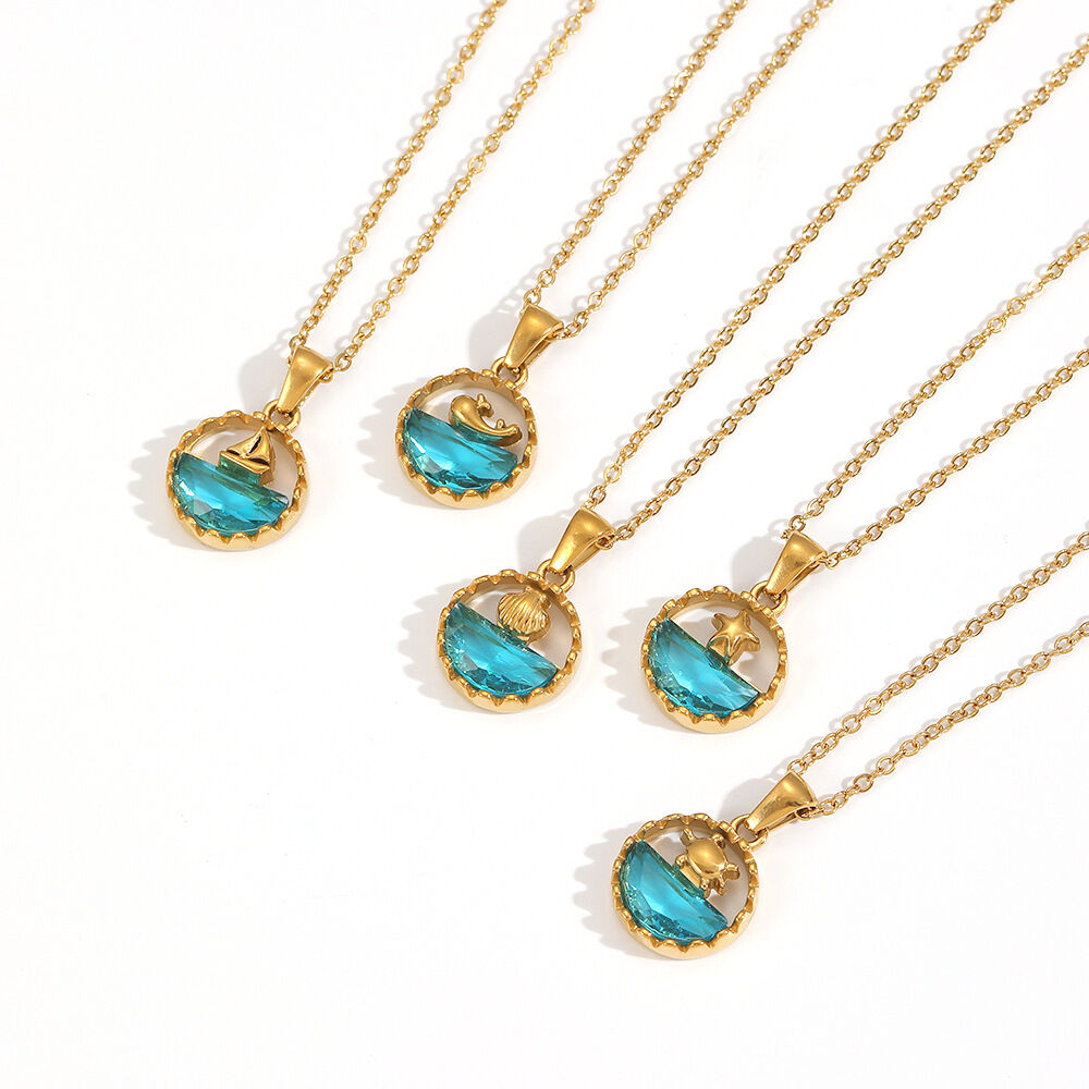 Vacation Sea Stainless Steel Waterproof Gold Color Rhinestone Women's Pendant Necklaces Picture4