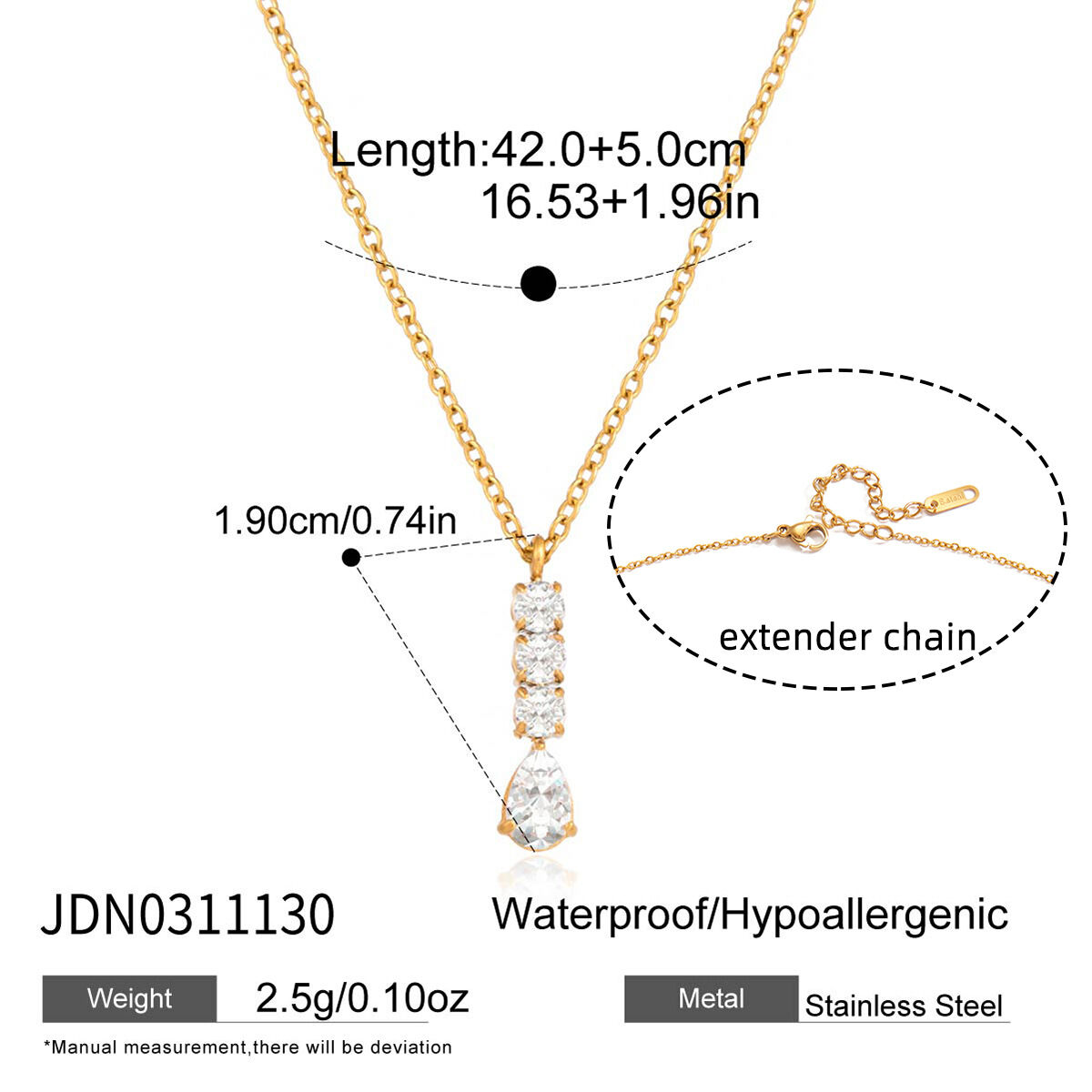 1 Piece Brilliant Droplet Zircon Stainless Steel Waterproof Gold Color Women's Pendant Necklaces Picture2