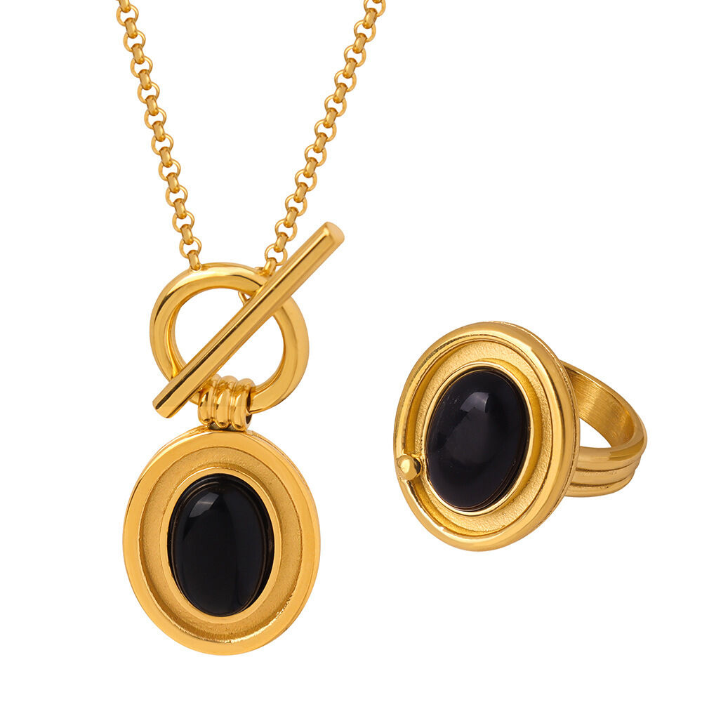 1 Piece Vintage Oval Black Agate Stainless Steel Waterproof Gold Color Women's Pendant Necklaces Picture5