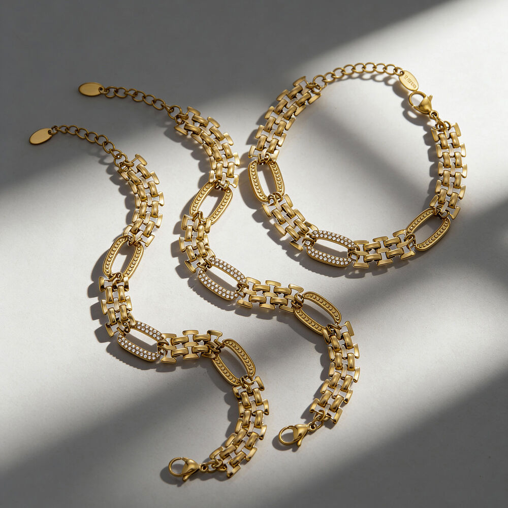 Moderne ovale schakelarmband van roestvrij staal, waterdicht, anti-aanslag, goudkleurig met zirkonia, voor dames. h5Afbeelding3