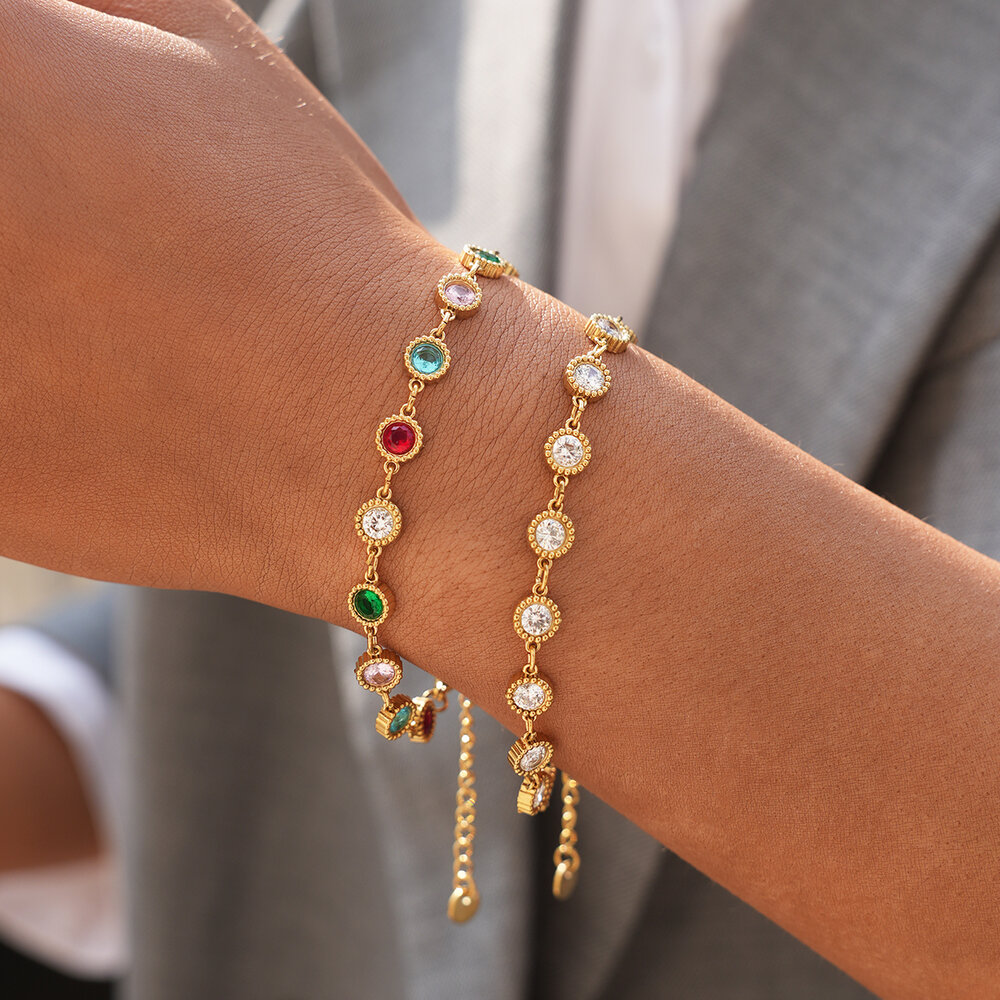 1 farbiges Zirkon-Armband aus wasserfestem, anlaufgeschütztem Edelstahl in Goldfarbe für Damen h5Bild5