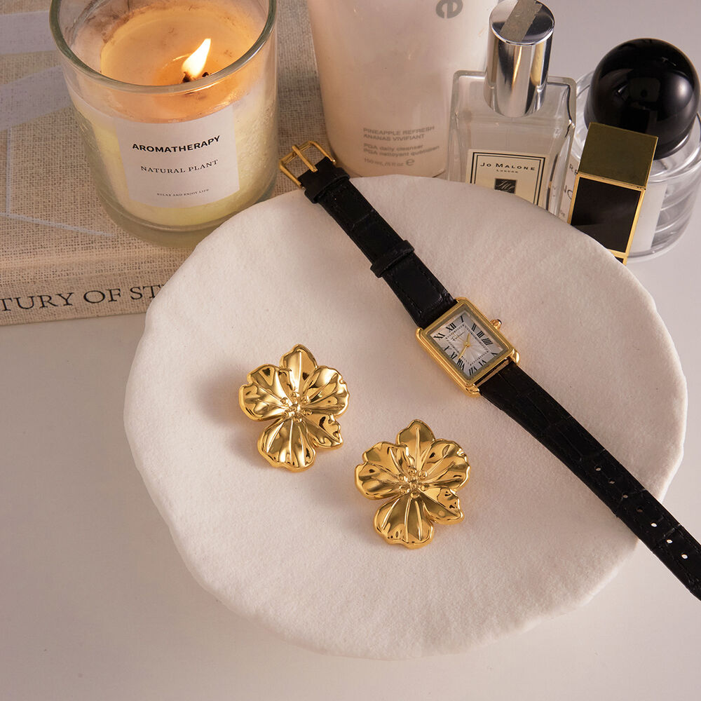 1 Pair Sleek Flower Stainless Steel Waterproof Gold Color Women's Stud Earrings h5Picture5